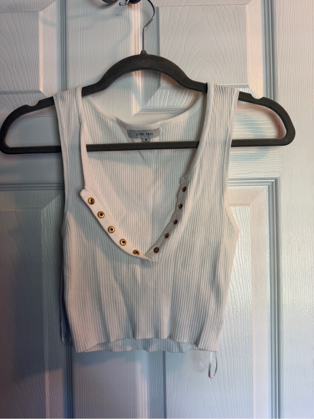 Love Tree White Ribbed V-Neck Tank with Gold Grommet Trim